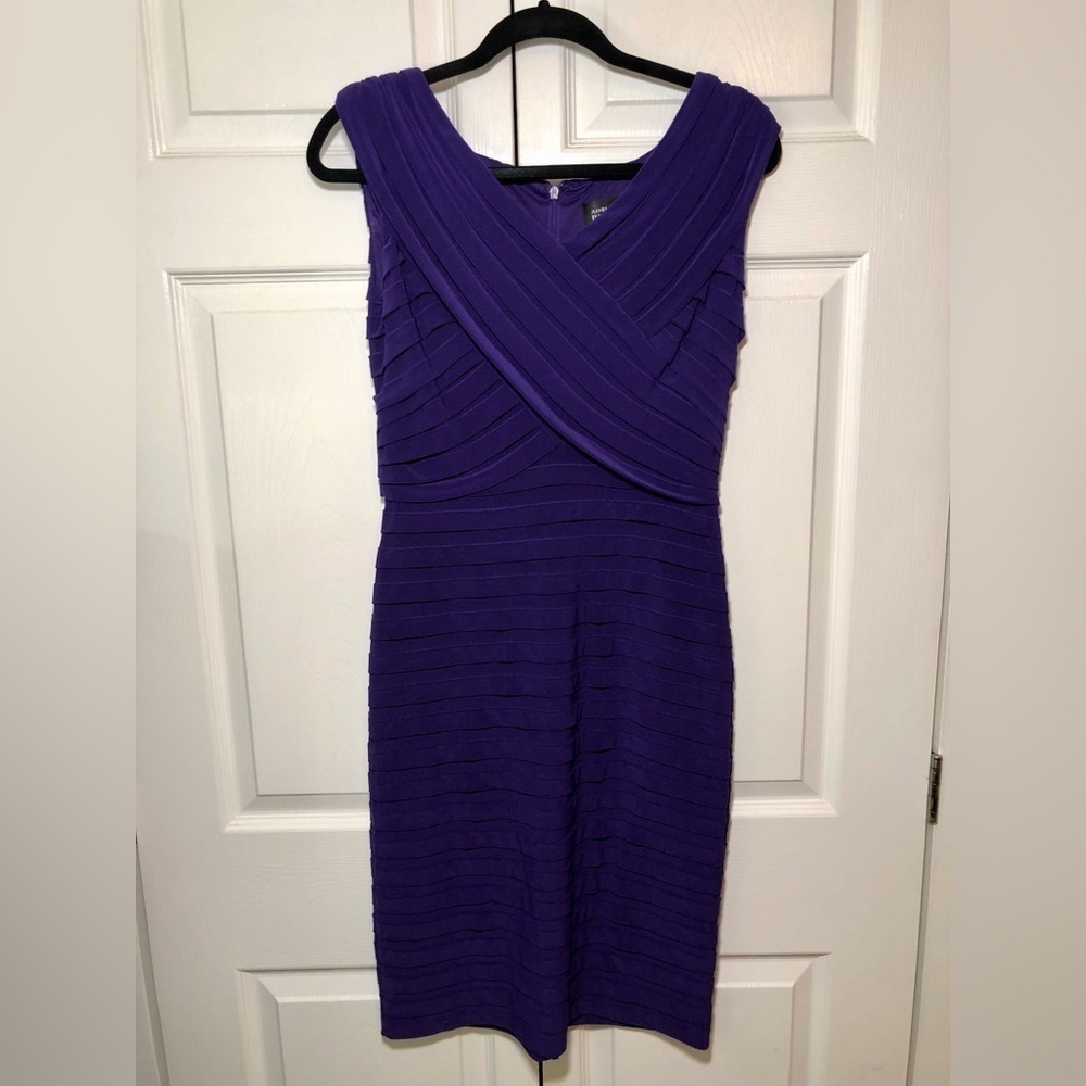 Purple Adrianna Papell Bodycon Pleated V Neck Midi Dress Size 8
